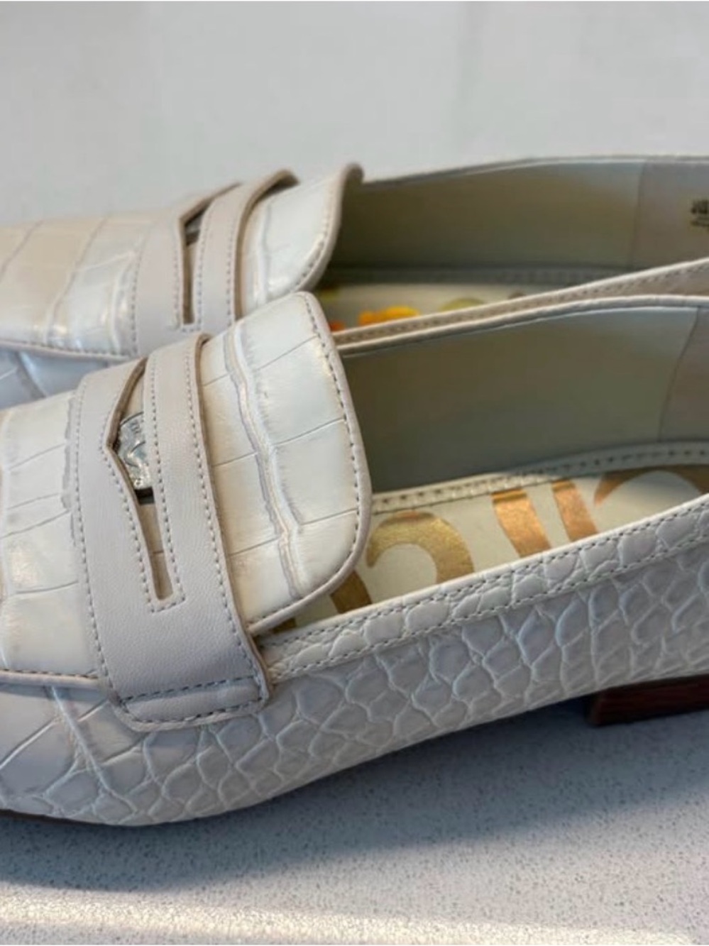 Sam Edelman Off White Croc-Embossed Leather Loafers